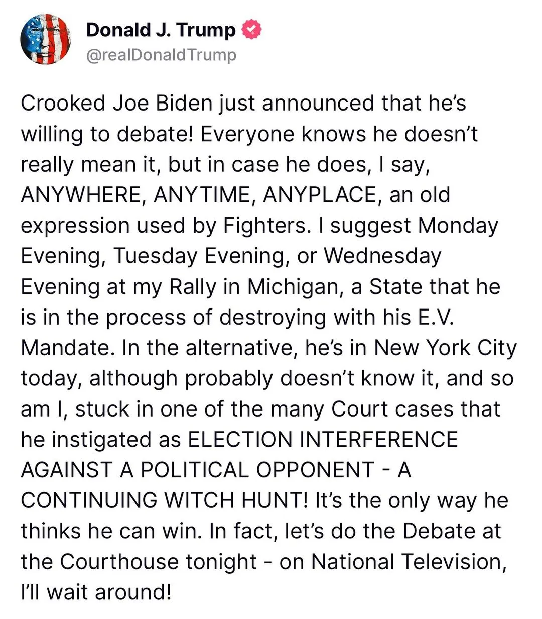 Trump's recent reaction on Truth Social about Biden agreeing for the debate