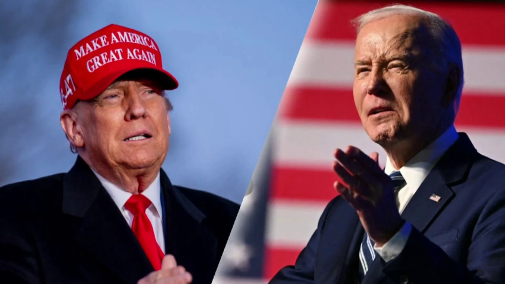 Two podiums with American flags, symbolizing the battleground of ideas between Biden and Trump.