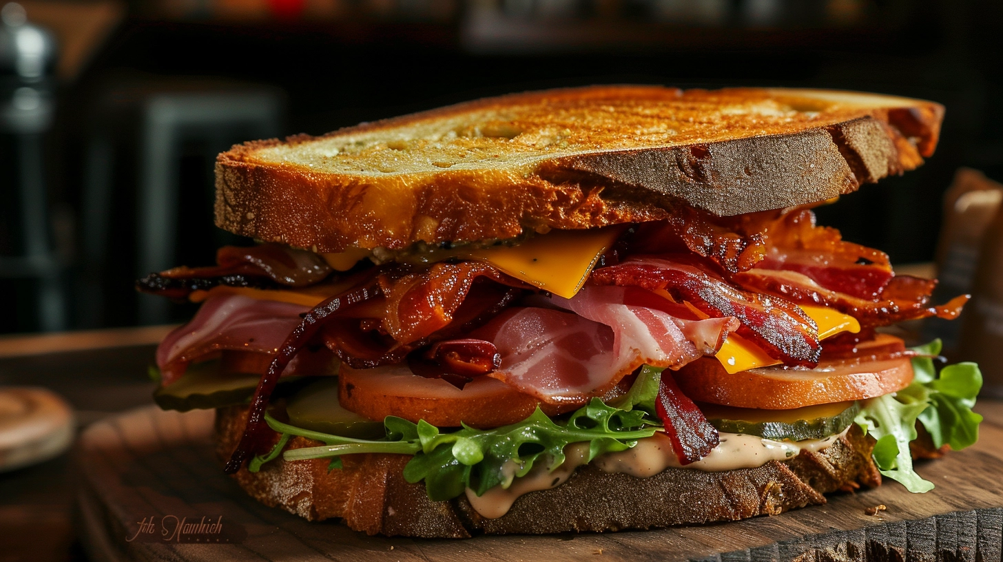A classic BLT sandwich on toasted white bread, stacked with crisp, golden-brown bacon, bright green lettuce, and slices of red, ripe tomatoes, lightly dressed with mayonnaise, served on a rustic wooden cutting board.