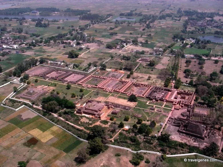 Ancient ruins of Nalanda University in Bihar, India, showcasing historic architectural structures.